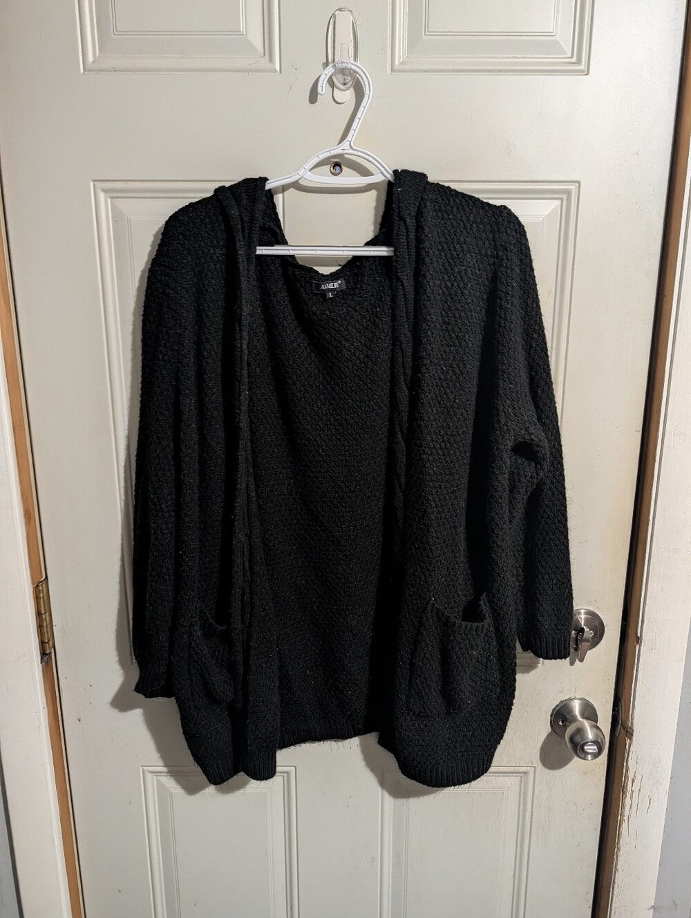 Amazon Black Hooded Knit Cardigan with Front Pockets